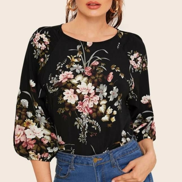 SHEIN Tops - SHEIN Black & Pink Floral Raglan Sleeve Blouse